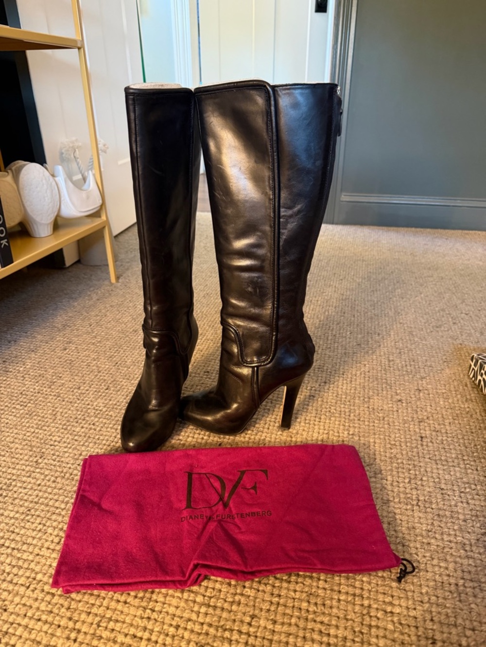 Diane Von Furstenberg Black Leather Knee-High Stiletto Boots